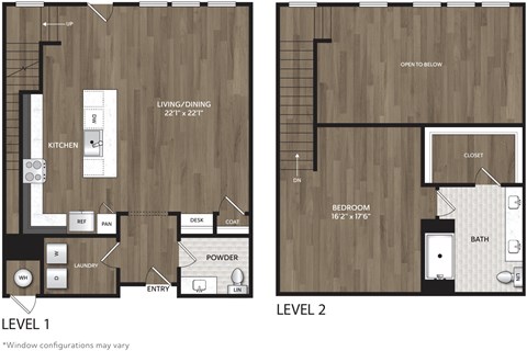 Floor plan for 1 bed, 1.5 baths, 1327 sqft